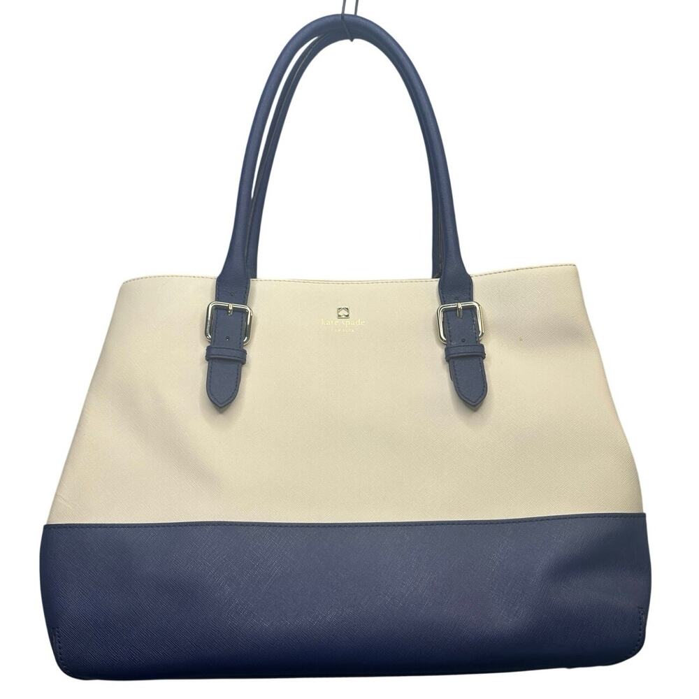 Kate Spade Colorblock Saffiano Leather Tote Bag Buckle Strap Cream Navy